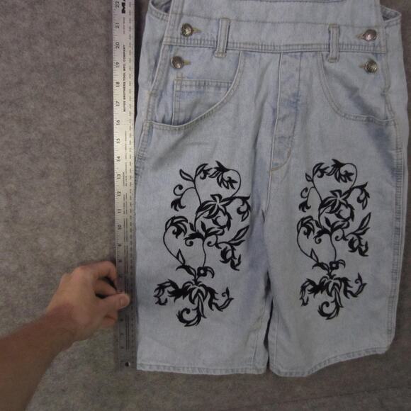 VINTAGE D'Mode Classix Bib Overalls Womens Medium Denim Floral Shortalls 90s - Picture 5 of 14